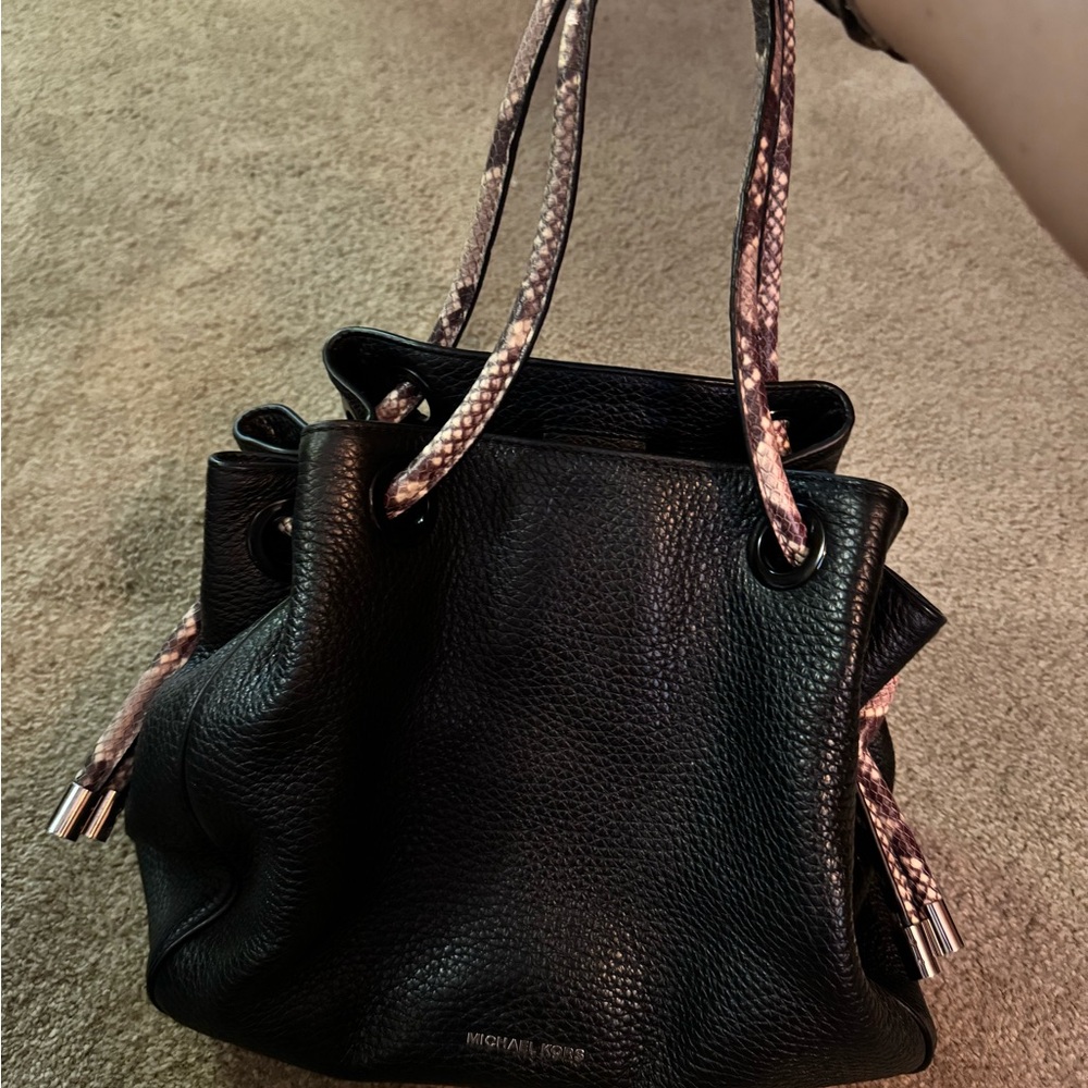 Michael Kors black handbag with snakeskin print handles